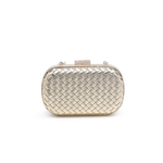 gold woven clutch bag on a white background