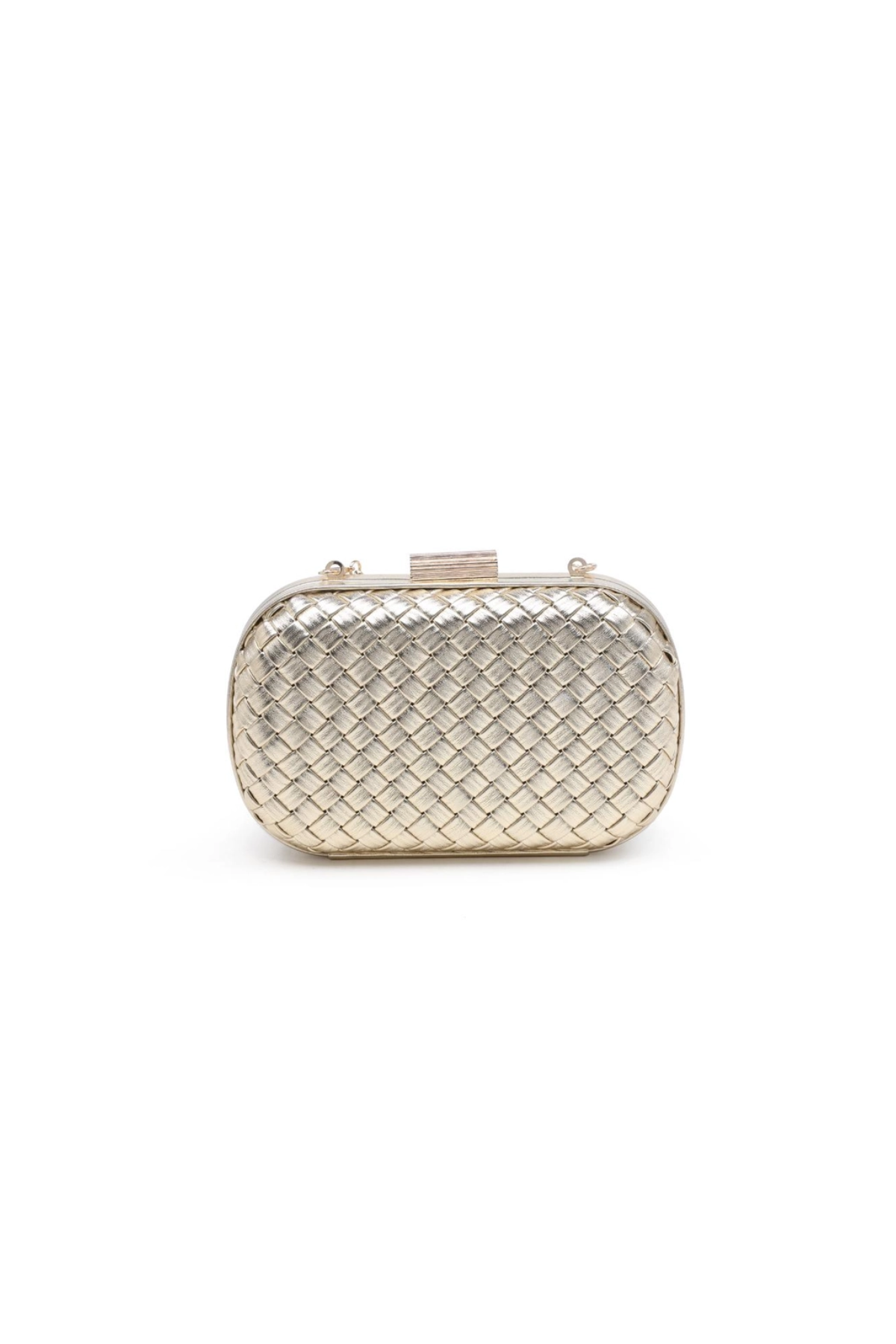 gold woven clutch bag on a white background