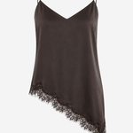 Women's satin cami tunic featuring a sleeveless silhouette, asymmetrical hem, and soft draped finish in a dark neutral hue.