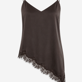 Women's satin cami tunic featuring a sleeveless silhouette, asymmetrical hem, and soft draped finish in a dark neutral hue.