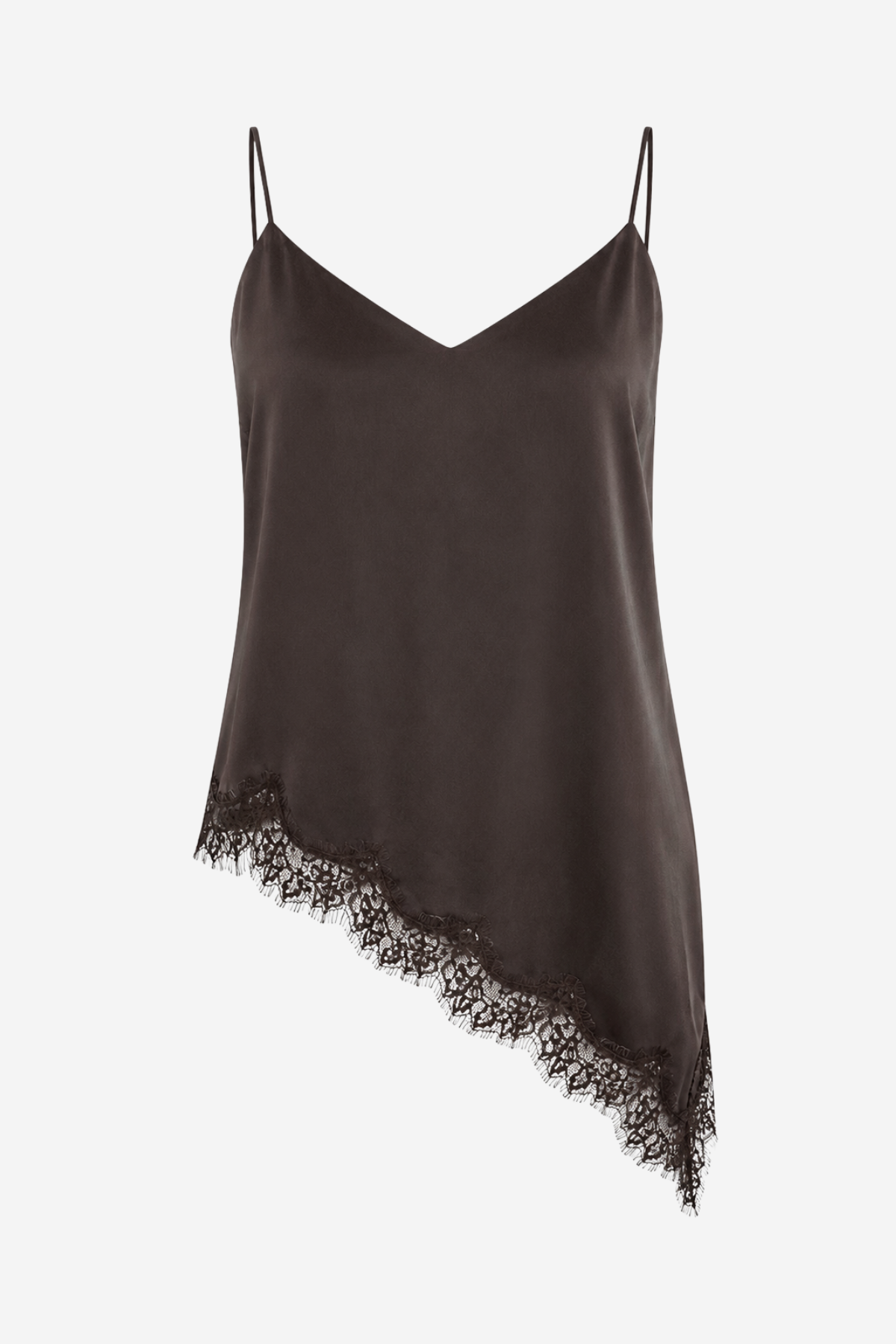 Women's satin cami tunic featuring a sleeveless silhouette, asymmetrical hem, and soft draped finish in a dark neutral hue.