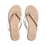 Pair of beige flip-flops on a white background