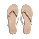 Pair of beige flip-flops on a white background