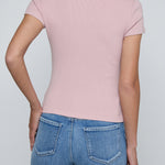 Short-sleeve scoop-neck tee in a soft neutral color.