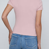 Short-sleeve scoop-neck tee in a soft neutral color.