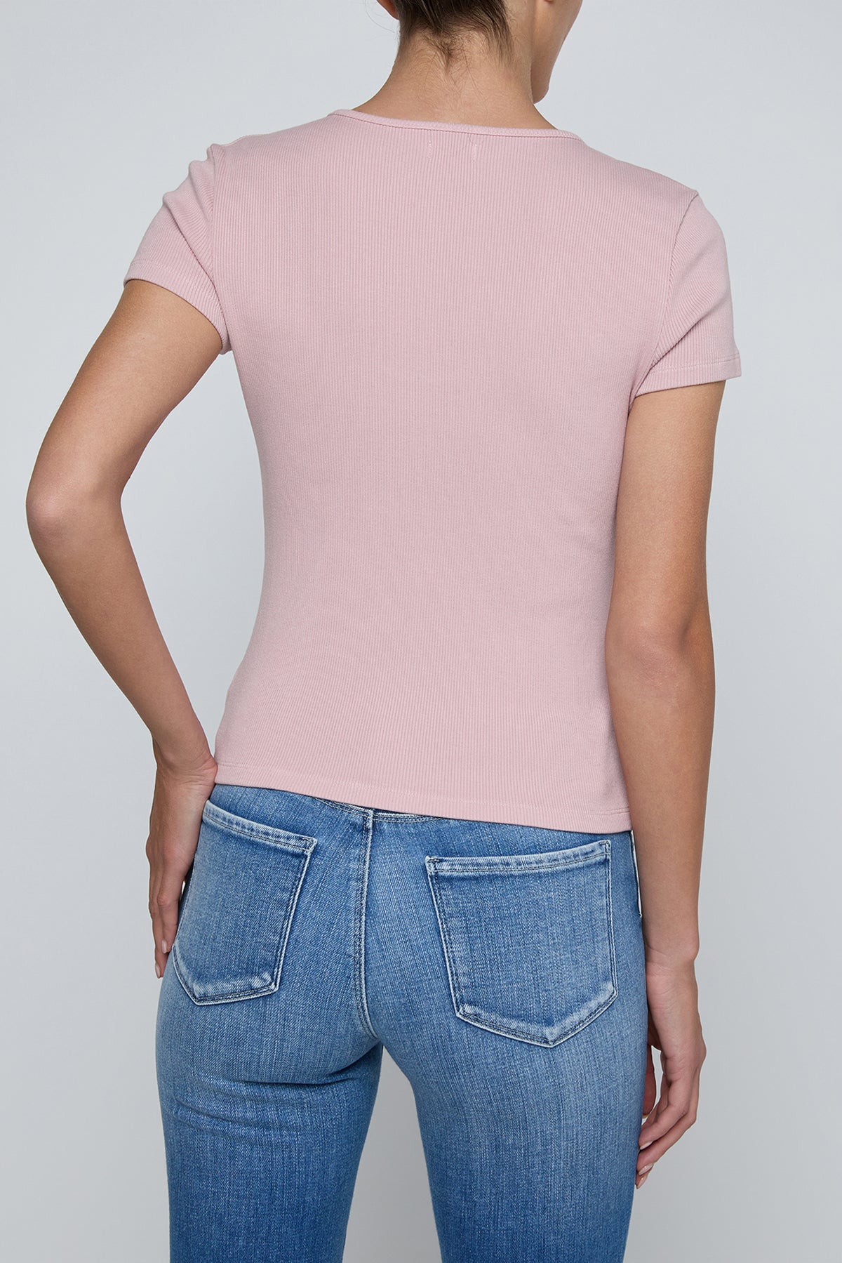 Short-sleeve scoop-neck tee in a soft neutral color.