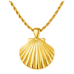Gold shell pendant necklace on a white background