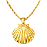 Gold shell pendant necklace on a white background