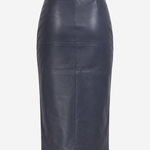 A dark navy blue faux leather pencil skirt with a front center seam, shown against a plain light gray background.