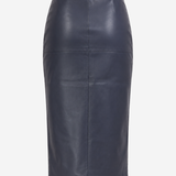 A dark navy blue faux leather pencil skirt with a front center seam, shown against a plain light gray background.