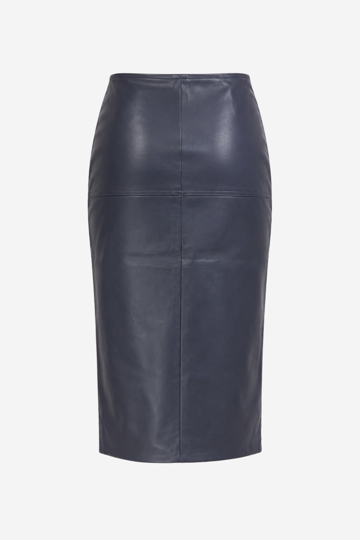 A dark navy blue faux leather pencil skirt with a front center seam, shown against a plain light gray background.