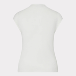 A close-up of a white knit top or bodysuit from the back, displayed on a ghost mannequin against a light gray background.