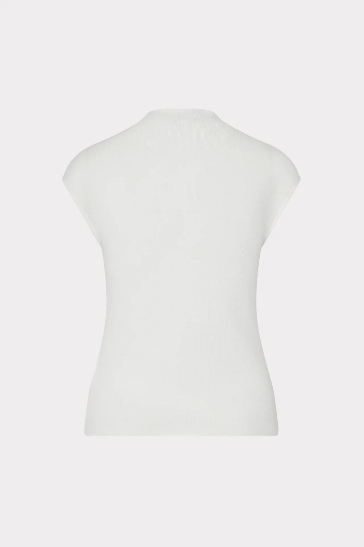 A close-up of a white knit top or bodysuit from the back, displayed on a ghost mannequin against a light gray background.