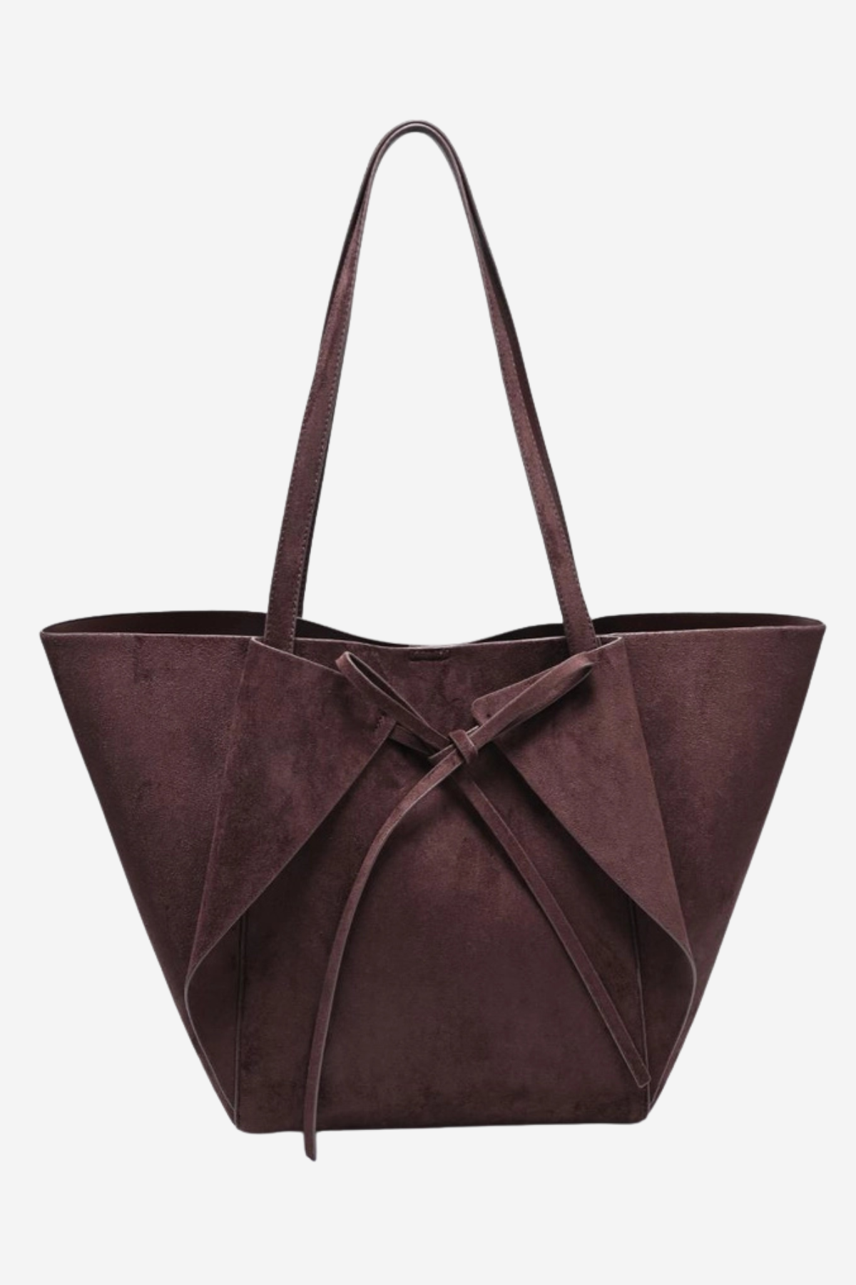 A dark plum purple suede tote bag with a large bow detail at the front and two shoulder straps, shown against a plain light gray background.