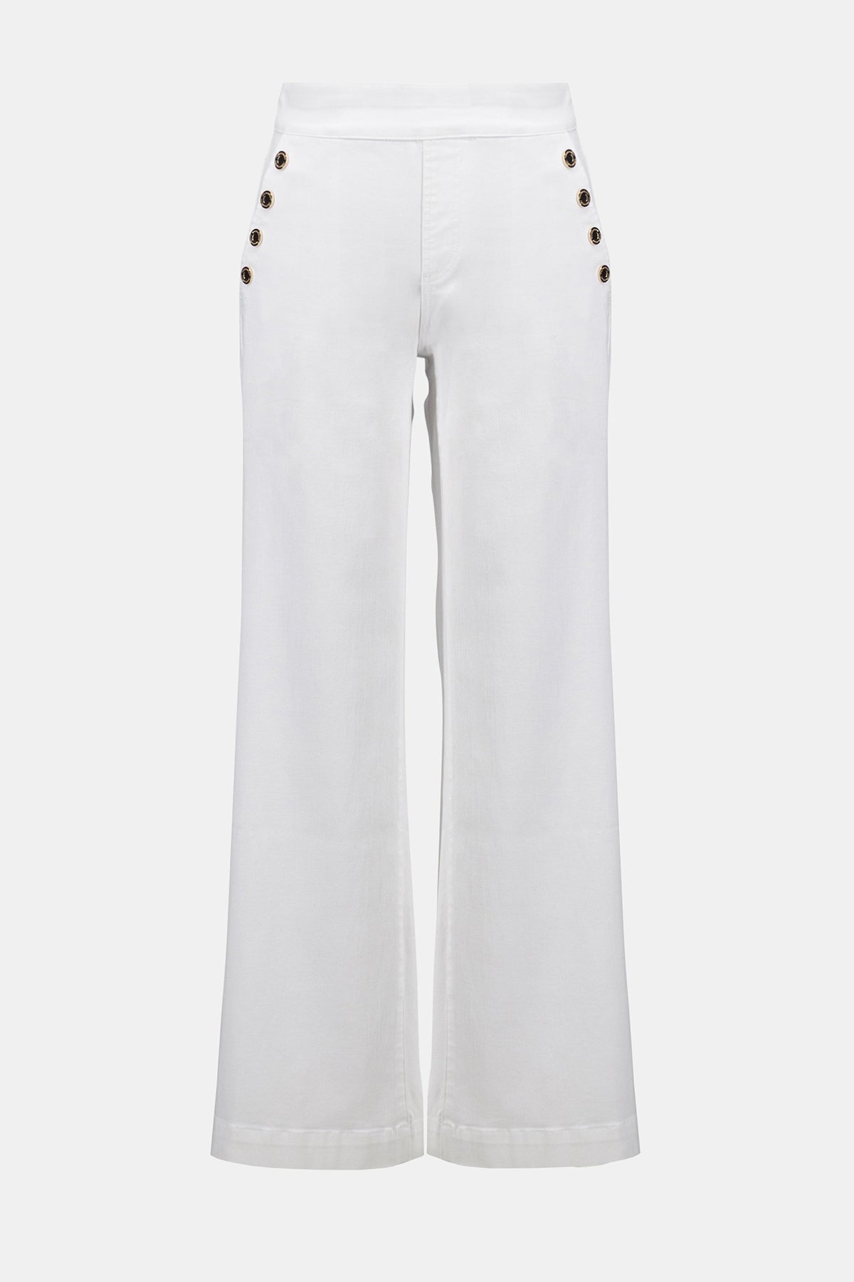 White pants with decorative buttons on a white background