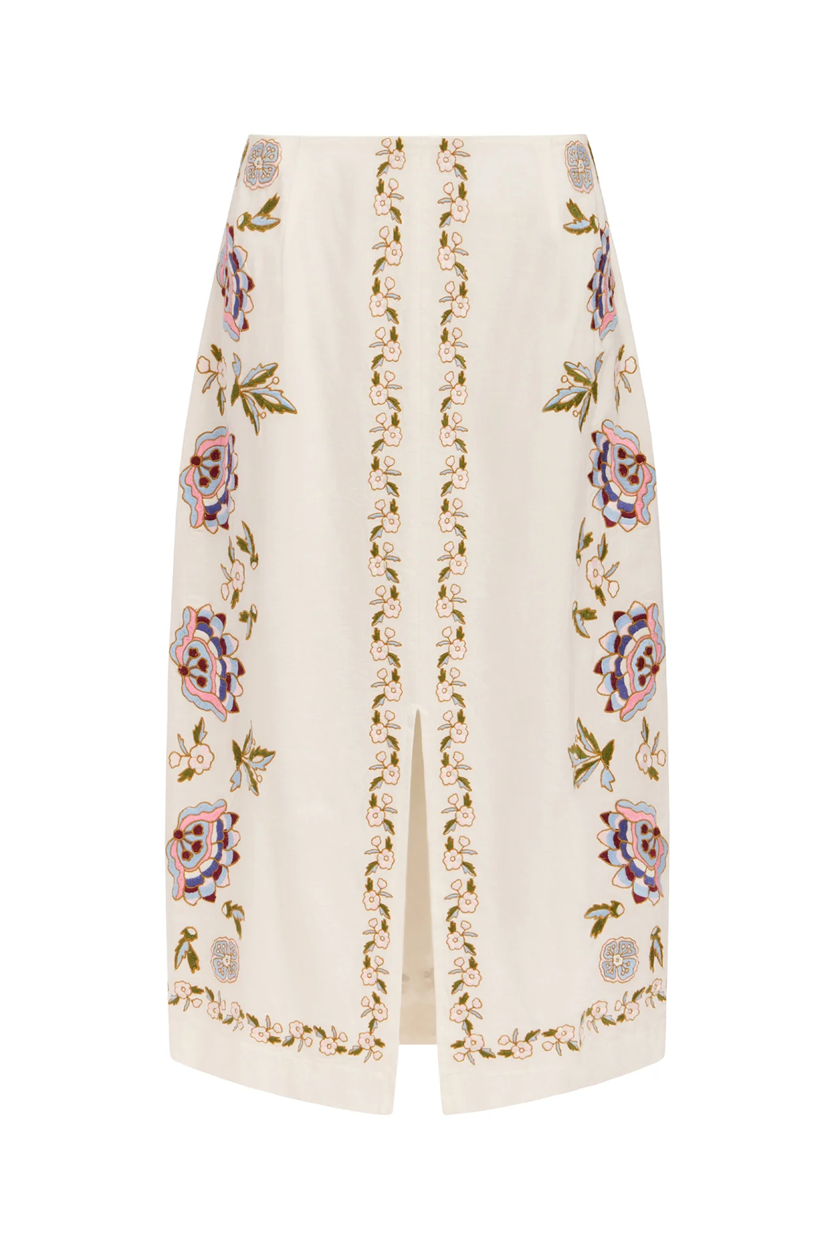 embroidered white midi skirt on white background 