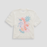 White t-shirt with colorful graphic design on a light gray background