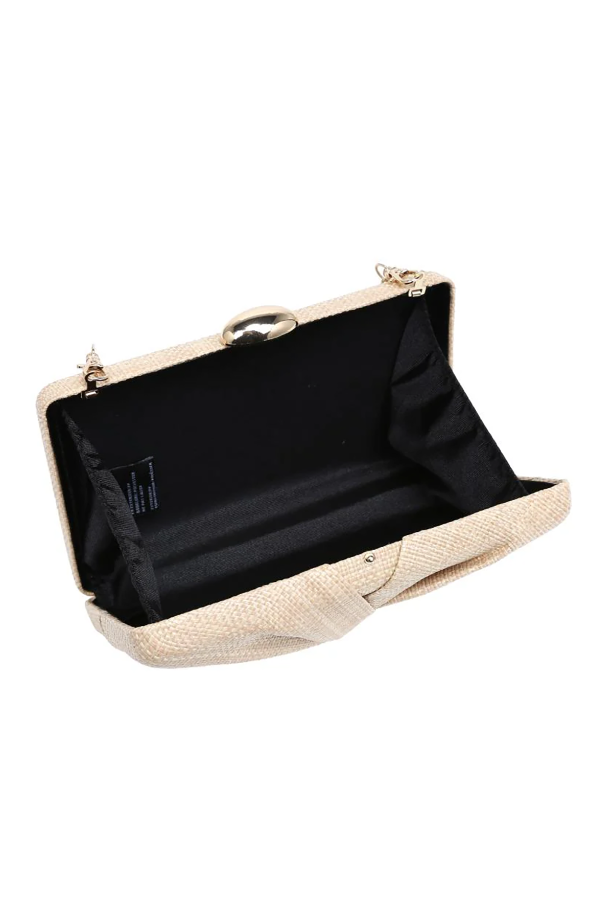 Beige clutch bag with black interior on a white background