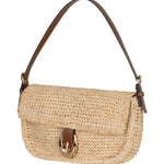 Beige woven handbag with a brown strap on a white background