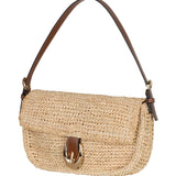 Beige woven handbag with a brown strap on a white background