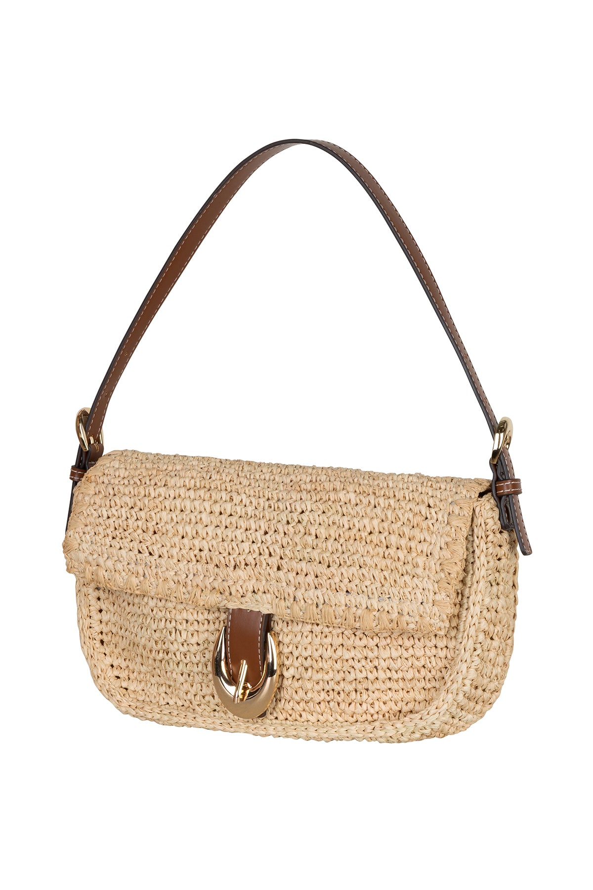 Beige woven handbag with a brown strap on a white background