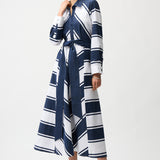 Cotton Stripe Print Fit and Flare Shirt Dress with Reversible Sash