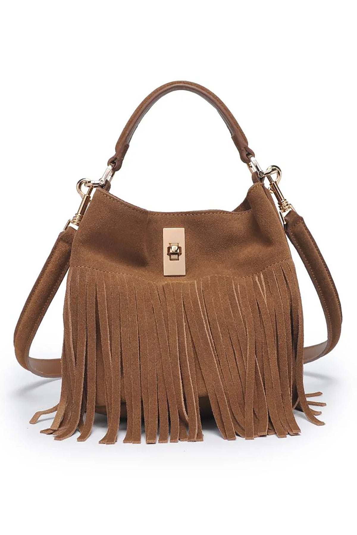 Brown suede handbag with fringe details on a white background
