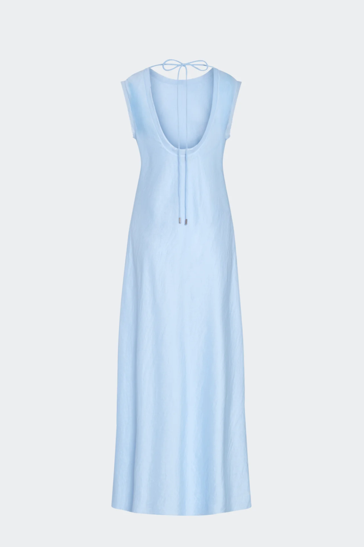 Light blue sleeveless top with open back and tie details on a neutral background