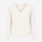 An off-white ribbed knit sweater with a V-neck and long sleeves, shown against a plain light gray background.
