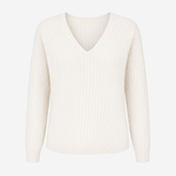 An off-white ribbed knit sweater with a V-neck and long sleeves, shown against a plain light gray background.