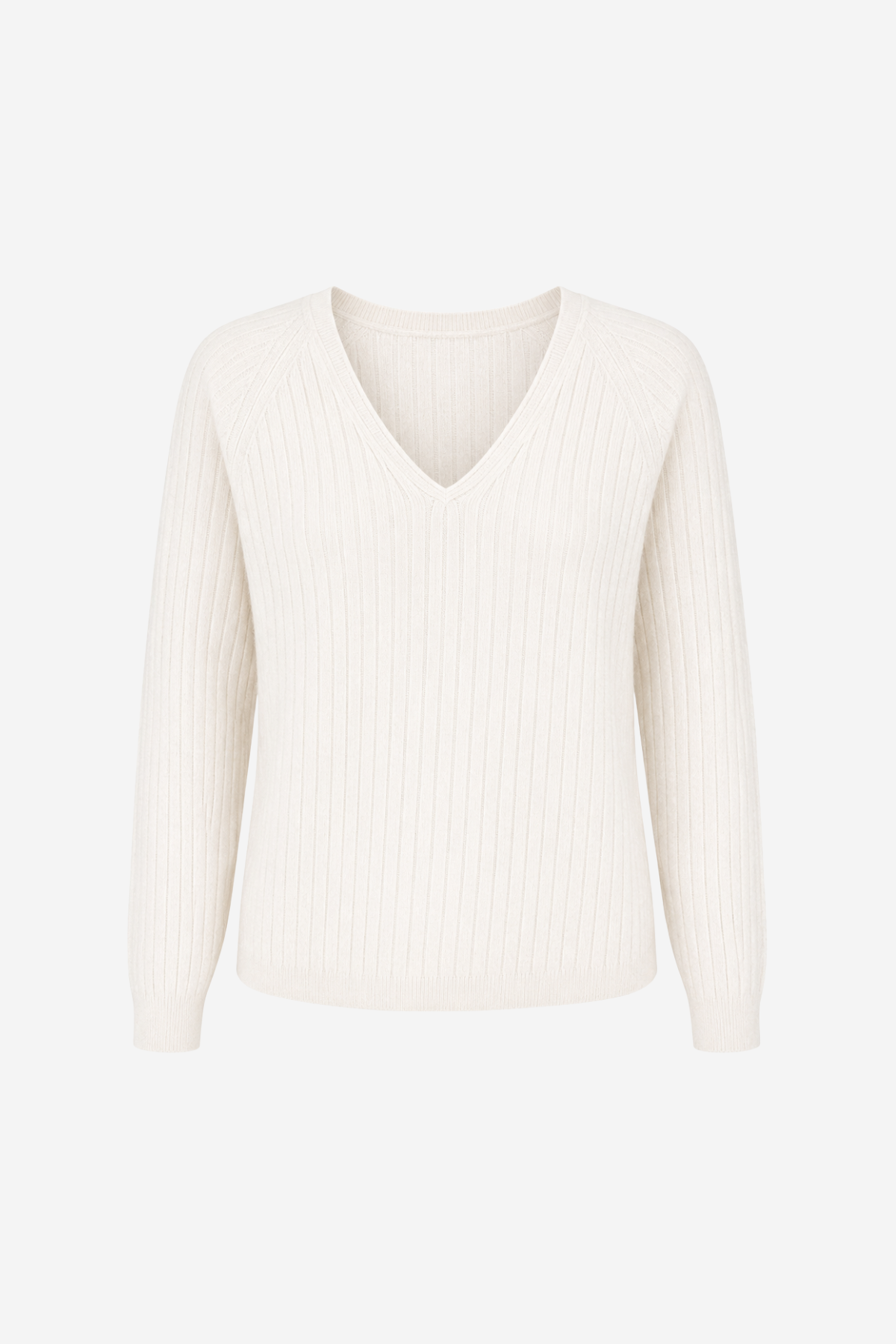 An off-white ribbed knit sweater with a V-neck and long sleeves, shown against a plain light gray background.