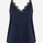Women's sleeveless camisole featuring delicate lace trim, a V-neckline, and a relaxed silhouette in a solid navy color.