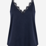 Women's sleeveless camisole featuring delicate lace trim, a V-neckline, and a relaxed silhouette in a solid navy color.