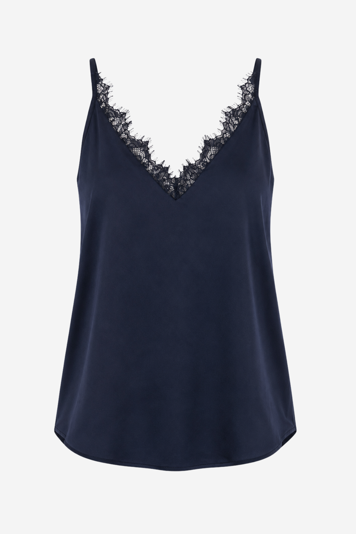 Women's sleeveless camisole featuring delicate lace trim, a V-neckline, and a relaxed silhouette in a solid navy color.