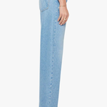 Light blue jeans worn by a person on a white background