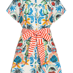 Colorful dress with a tropical pattern and red striped belt on a white background