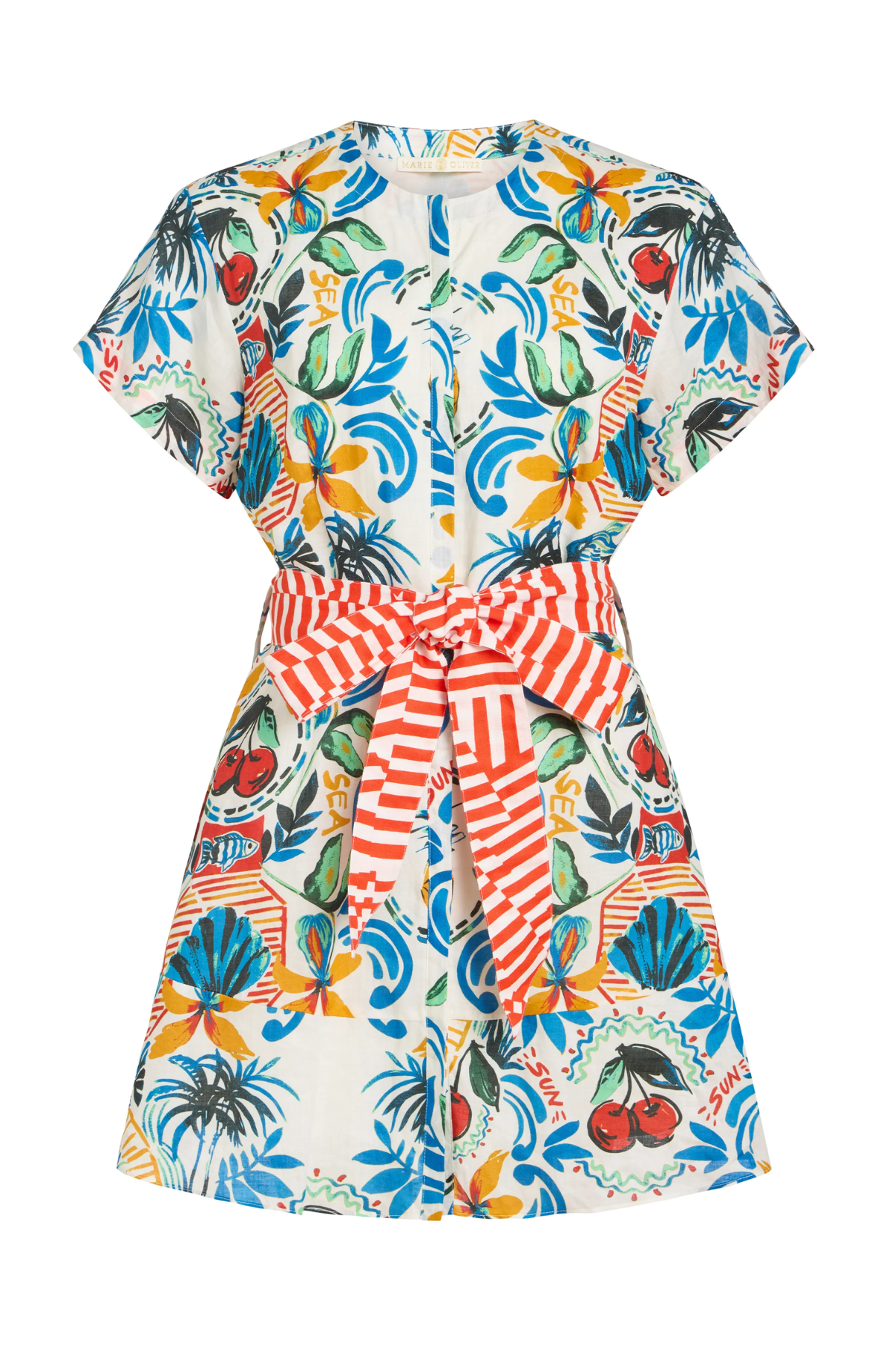 Colorful dress with a tropical pattern and red striped belt on a white background