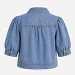 Women's light wash denim jacket featuring puff sleeves, button-front styling, and a cropped silhouette.