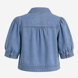Women's light wash denim jacket featuring puff sleeves, button-front styling, and a cropped silhouette.