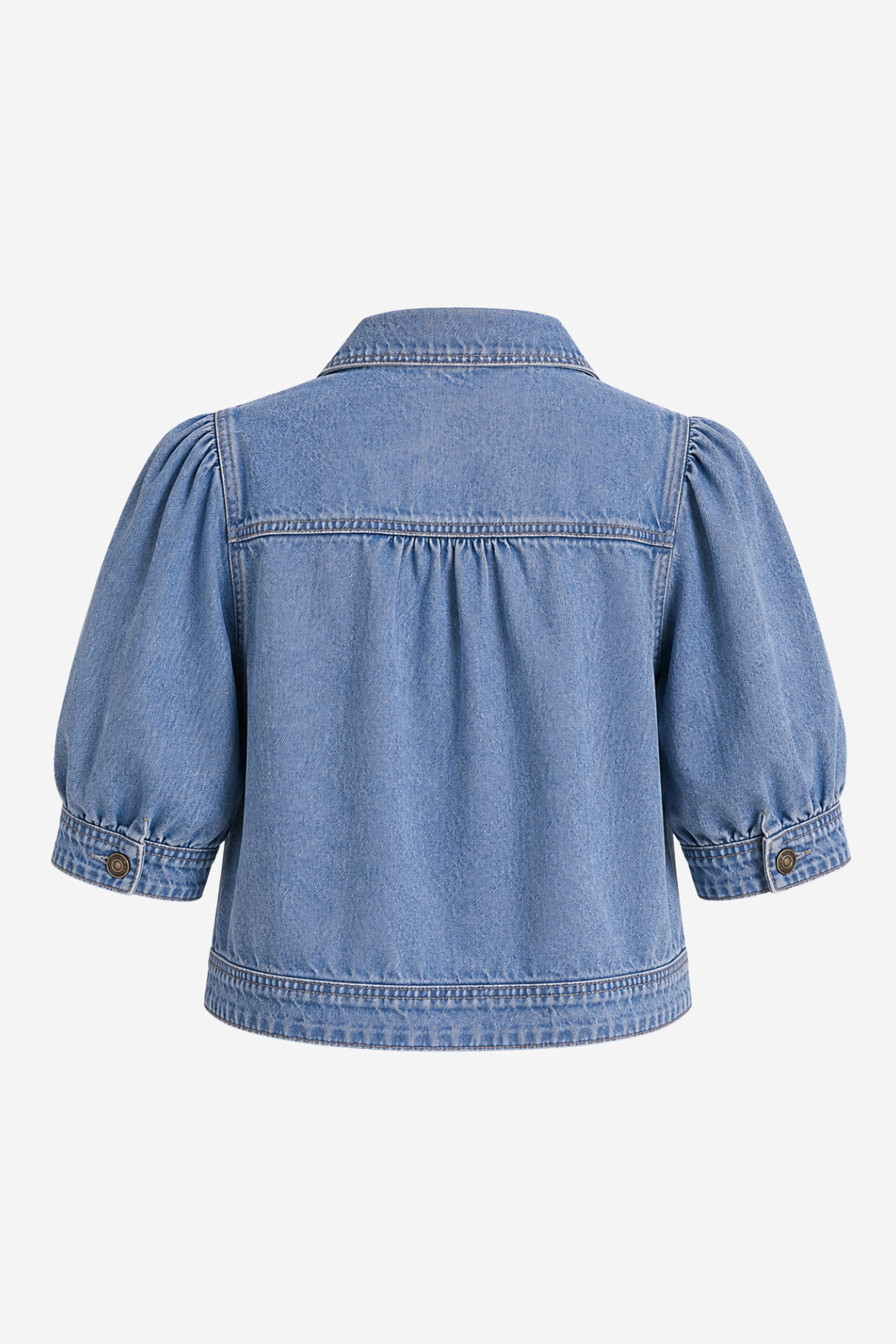 Women's light wash denim jacket featuring puff sleeves, button-front styling, and a cropped silhouette.