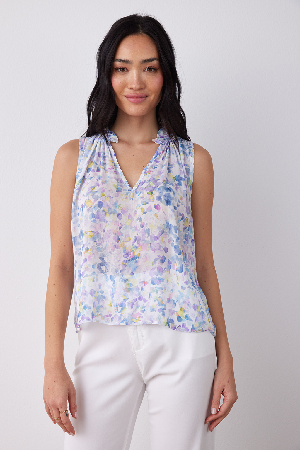 Ruffle Neck Tank - Orchid Floral
