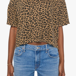 Model wearing a brown striped short-sleeve boxy ringer T-shirt with contrast trim and blue denim.
