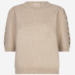 A beige crewneck knit sweater with three-quarter sleeves featuring decorative cutout lace-up detailing on the upper sleeves, shown against a plain white background.