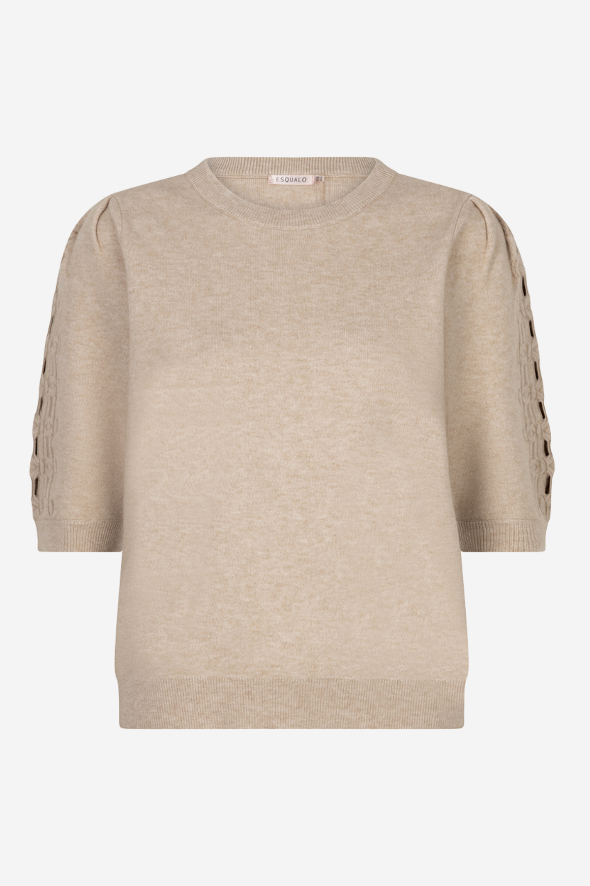 A beige crewneck knit sweater with three-quarter sleeves featuring decorative cutout lace-up detailing on the upper sleeves, shown against a plain white background.