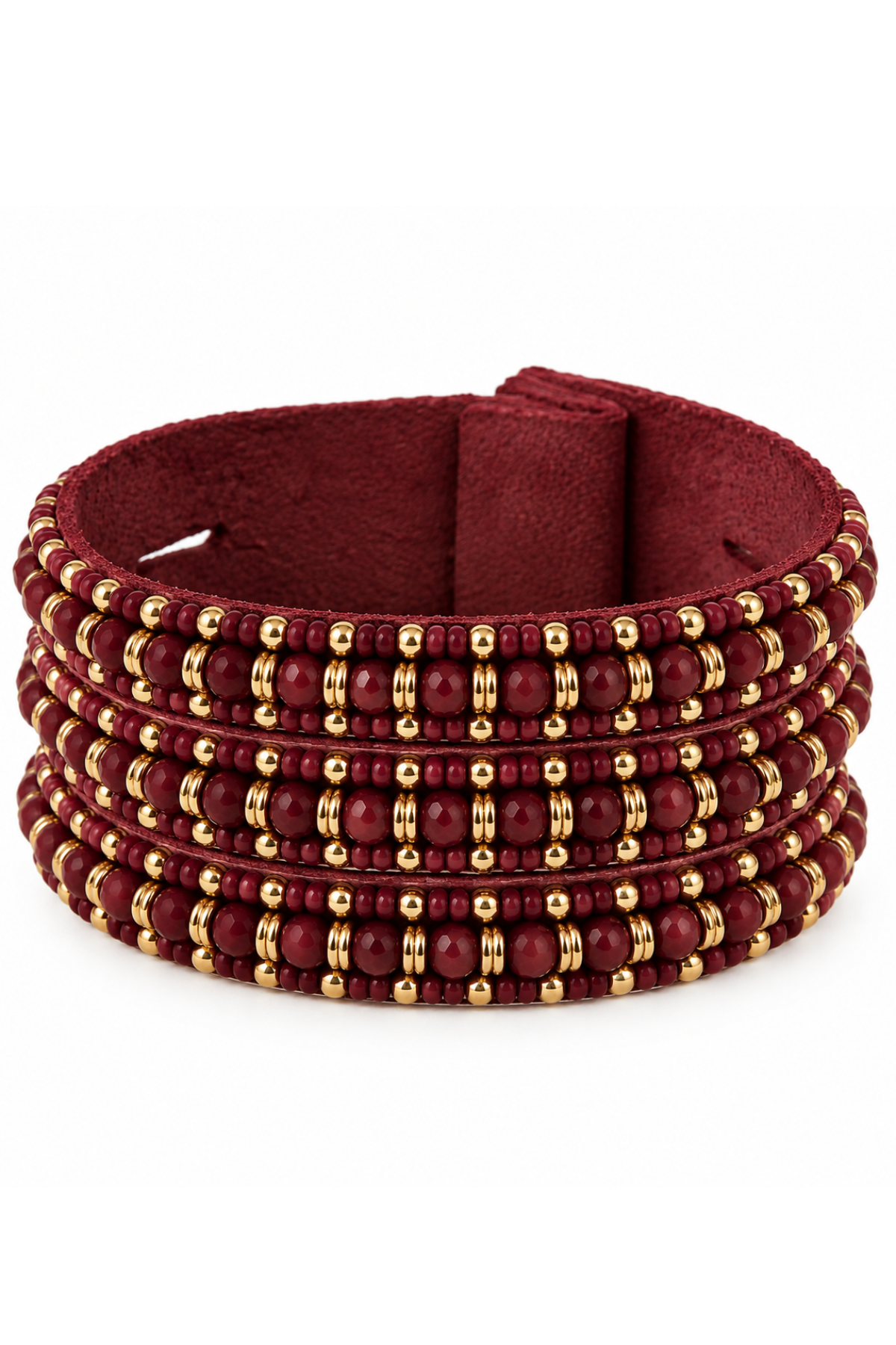 A wide, multi-strand beaded cuff bracelet in deep burgundy with metallic gold spacer beads, displayed on a clean white background.