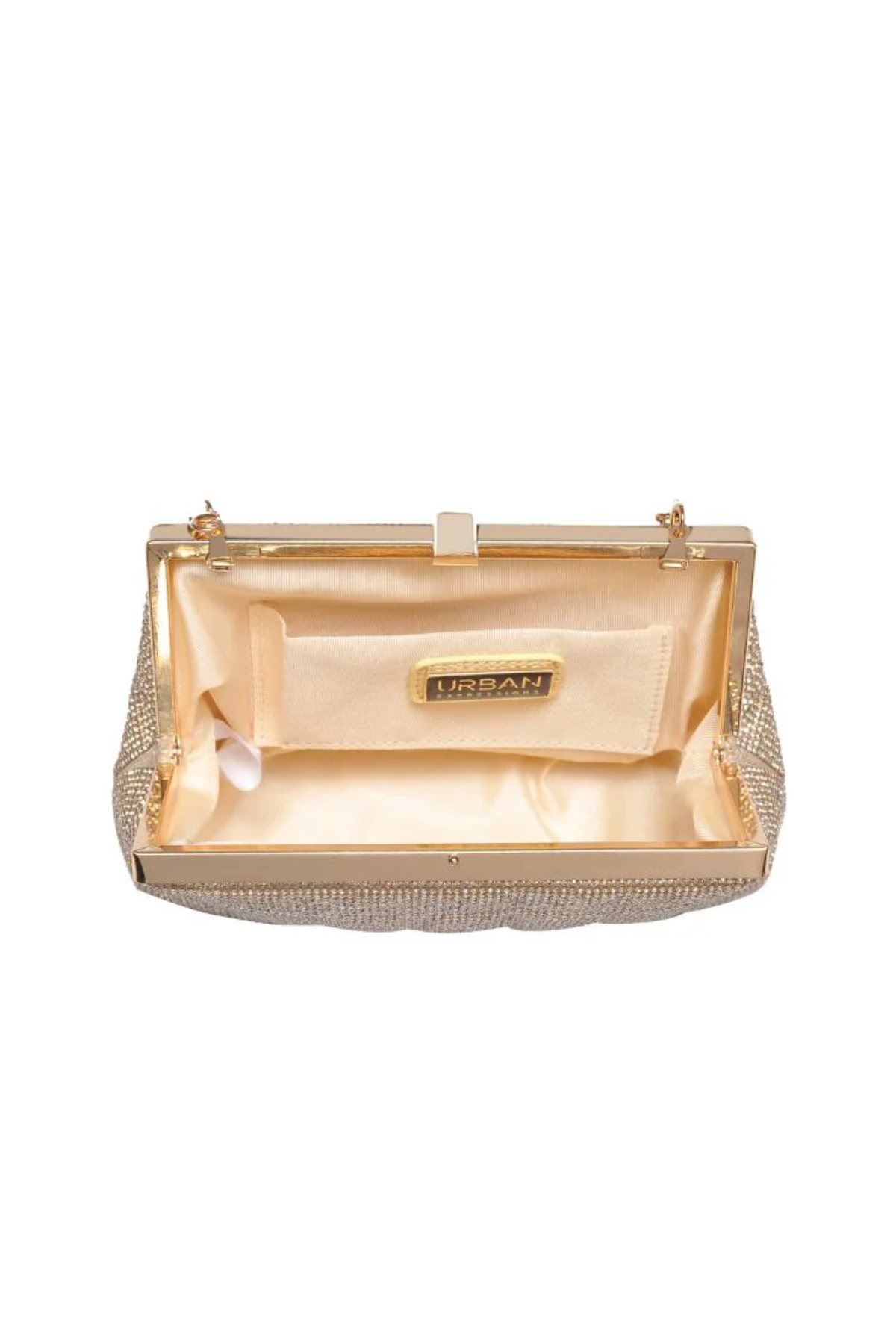 Gold clutch bag with 'Urban' brand name on a white background