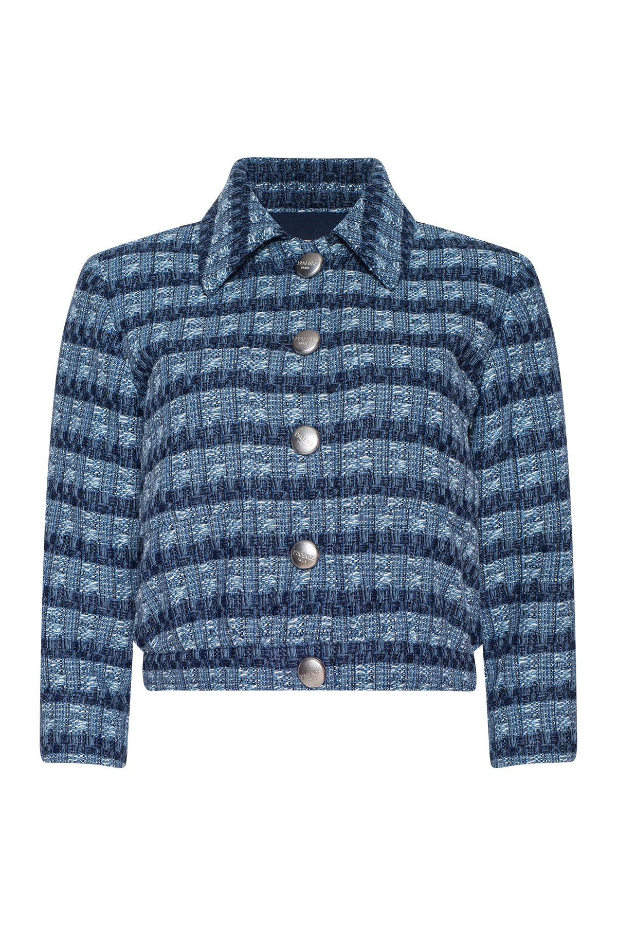 Blue striped knitted jacket with buttons on a white background