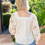 Solid Square Neck Top  with Crochet Lace Sleeve