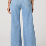 Light blue wide-leg jeans worn by a person on a white background