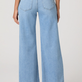 Light blue wide-leg jeans worn by a person on a white background